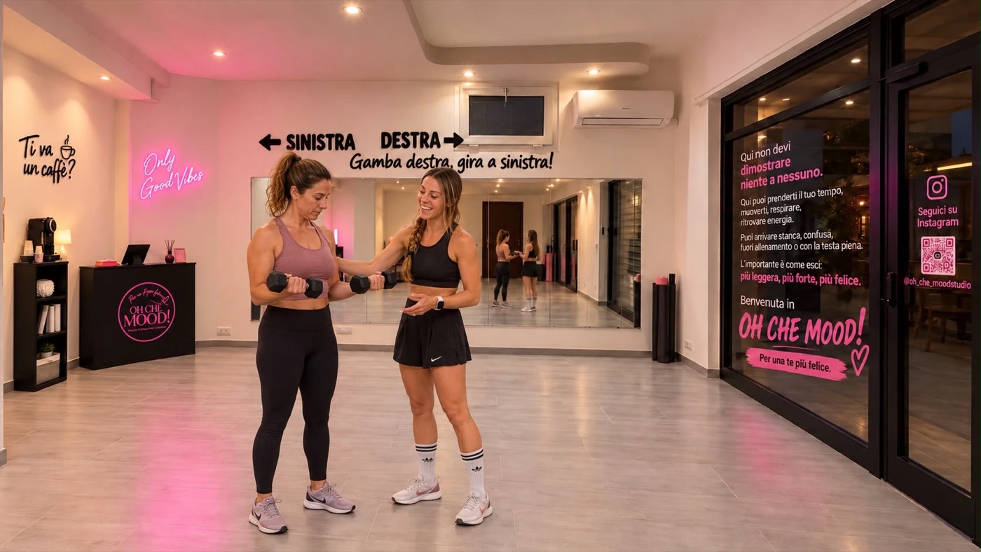 Alessia segue una cliente durante un esercizio con i manubri nello studio
