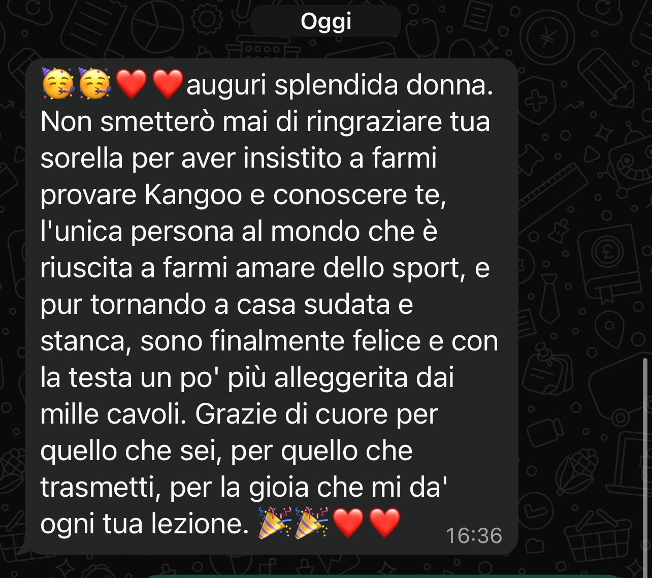 Screenshot del messaggio di un'allieva: ho iniziato per gioco, tu mi hai conquistata subito
