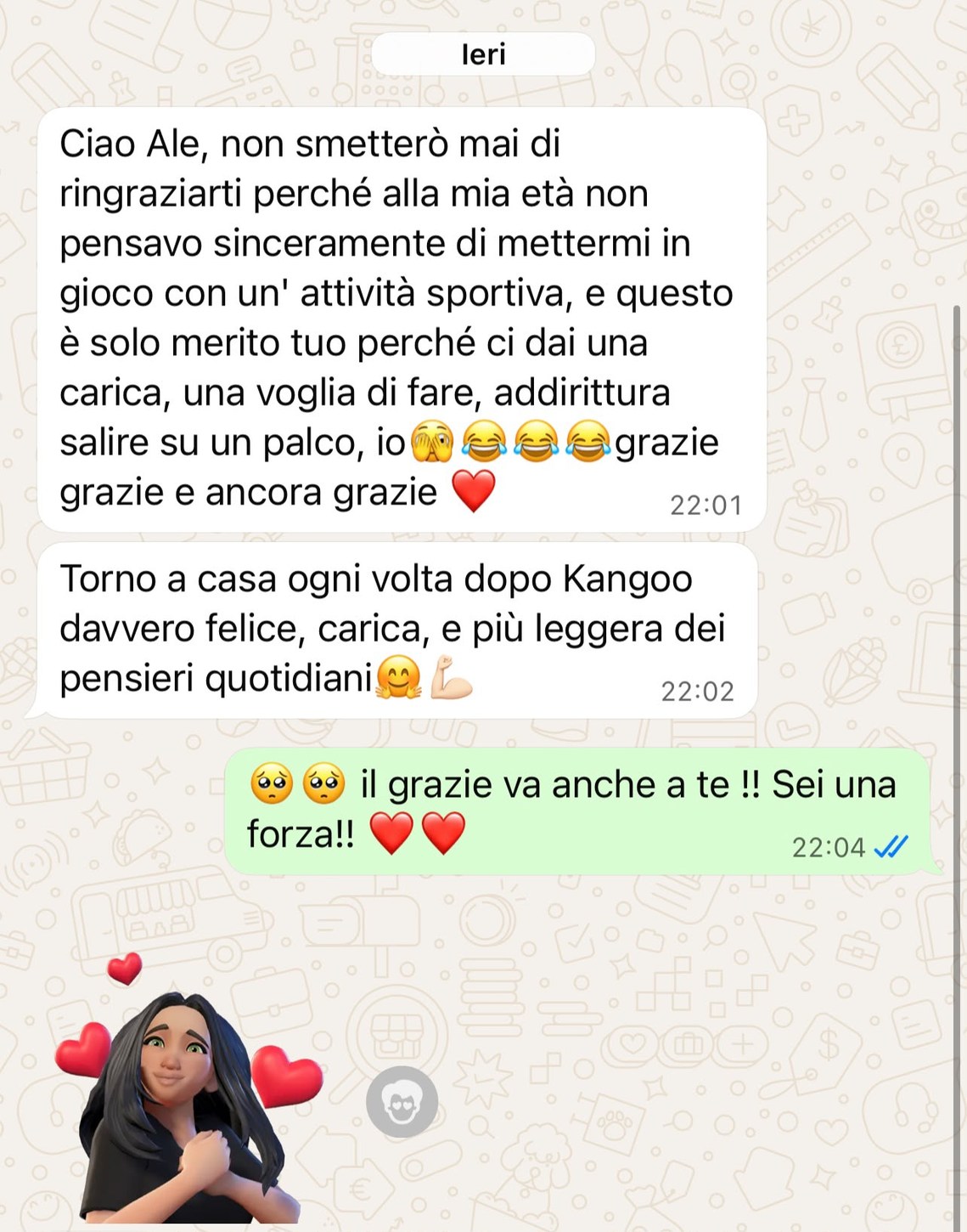 Screenshot del messaggio di un'allieva: torno a casa ogni volta dopo Kangoo davvero felice