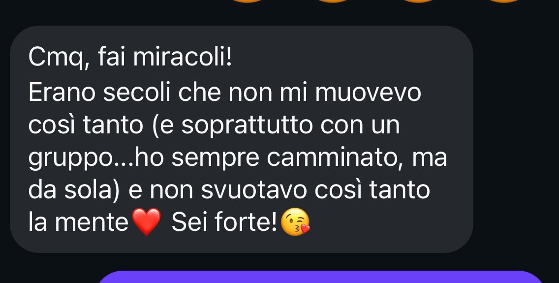 Screenshot del messaggio di un'allieva: mi sento più leggera
