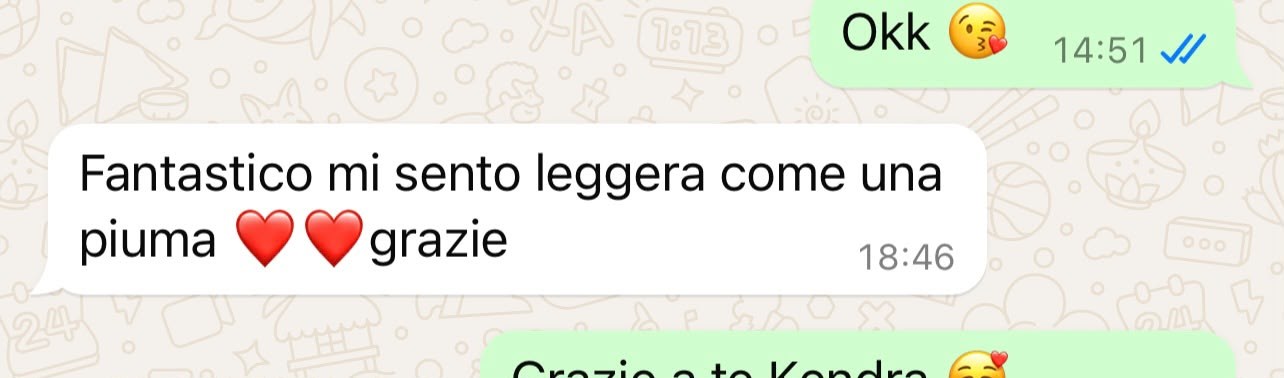 Screenshot del messaggio di un'allieva: mi sento leggera come una piuma