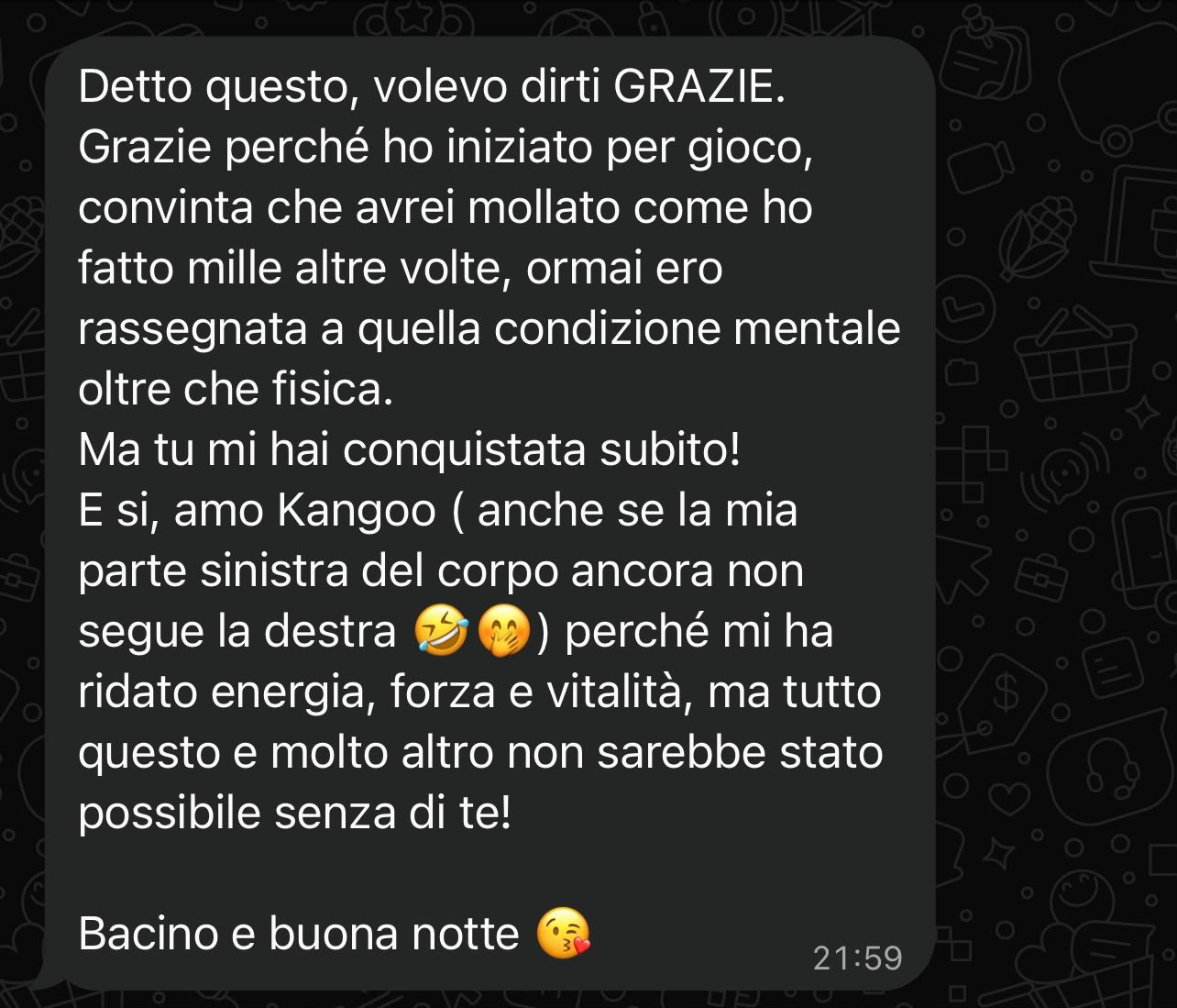 Screenshot del messaggio di un'allieva: più leggera dei pensieri quotidiani
