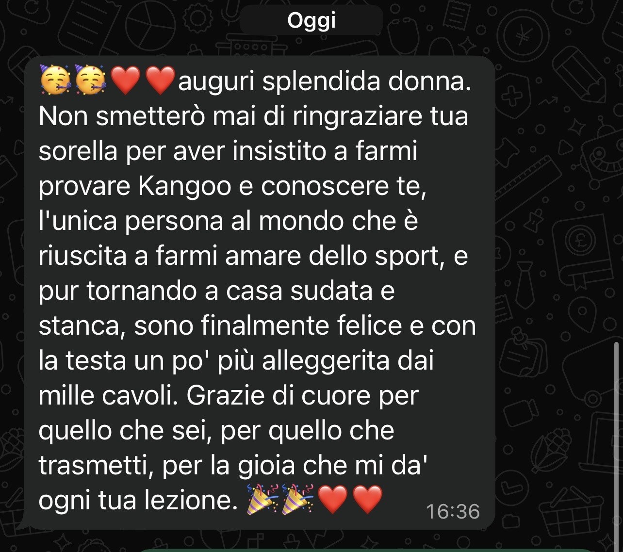 Screenshot del messaggio di un'allieva: l'unica persona che è riuscita a farmi amare lo sport