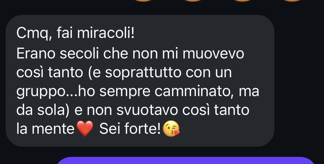 Screenshot del messaggio di un'allieva: fai miracoli, non svuotavo così tanto la mente